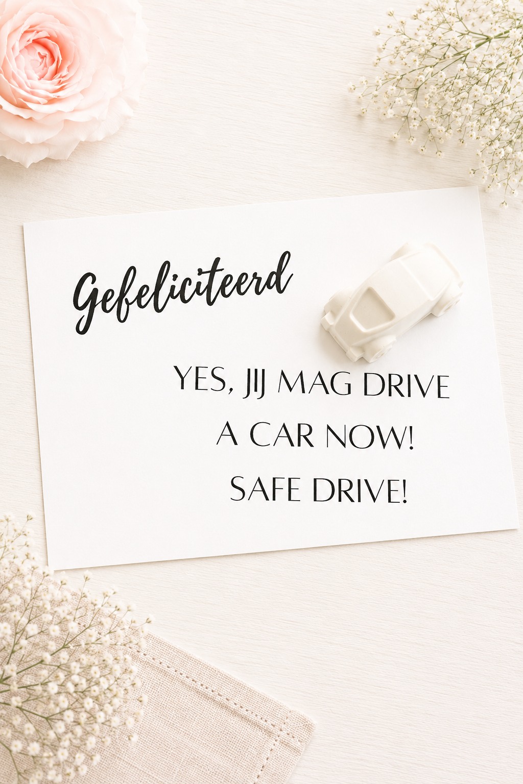 KAART " GEFELICITEERD! YES JIJ MAG DRIVE A CAR NOW! SAFE DRIVE!".