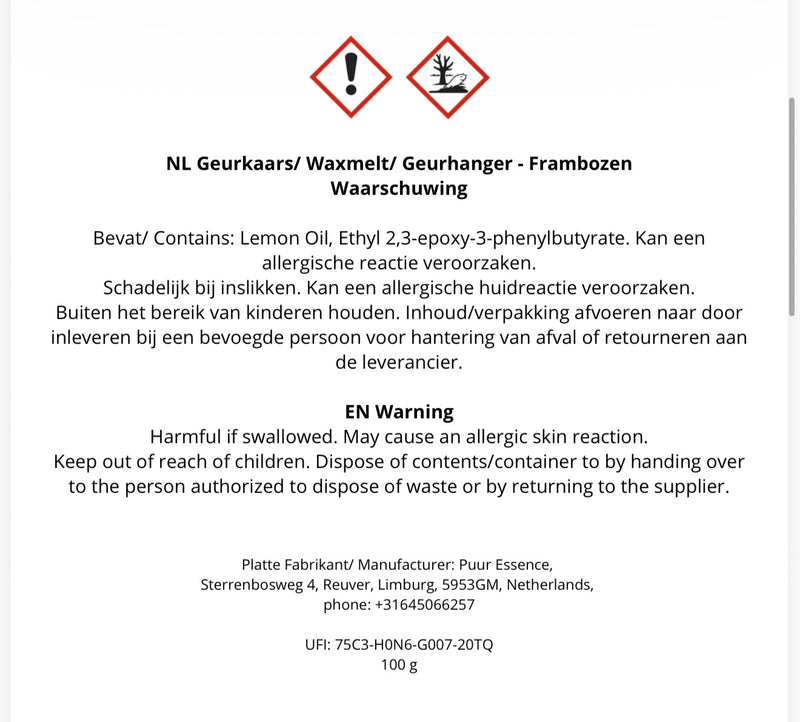 CLP label GEURHANGER FRAMBOZEN