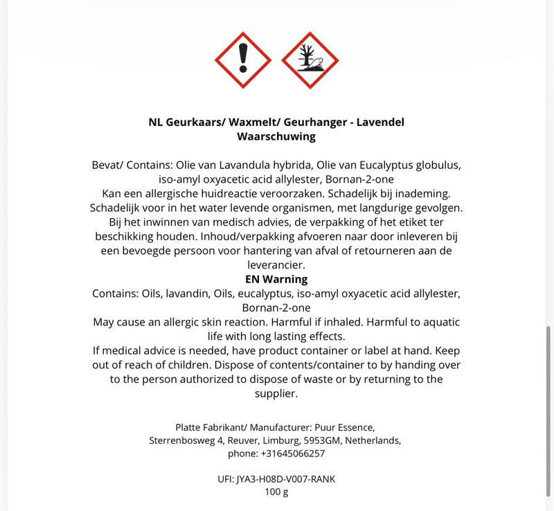 CLP label GEURHANGER LAVENDEL